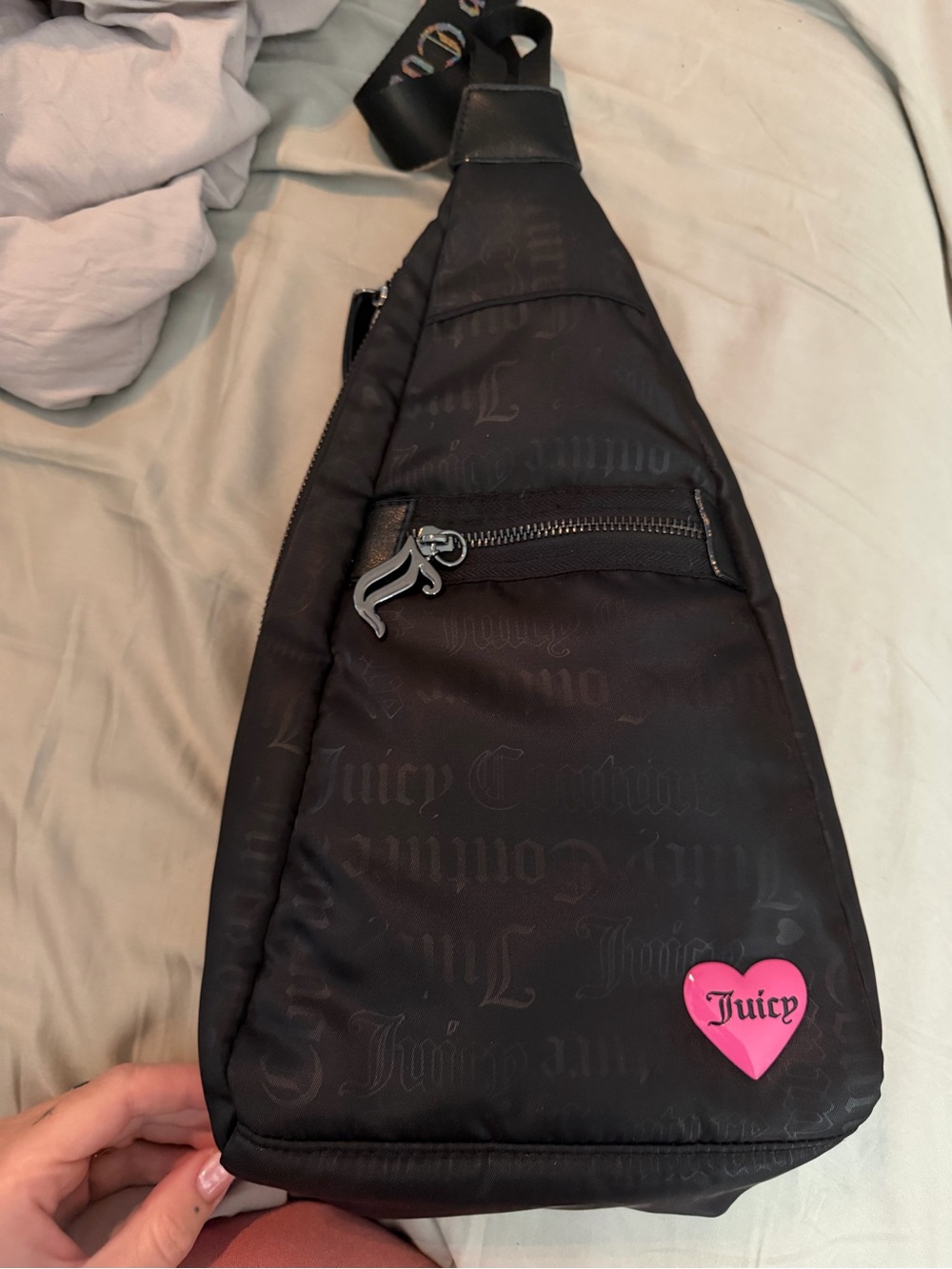 Juicy Couture Black Sling Crossbody Bag with Rainbow Accents